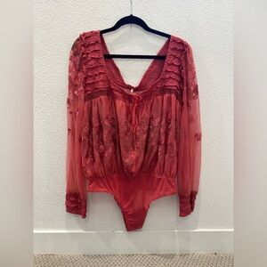 NWT Free People Sheer Meadows sheer, floral-embroidered bodysuit w/ V-neckline